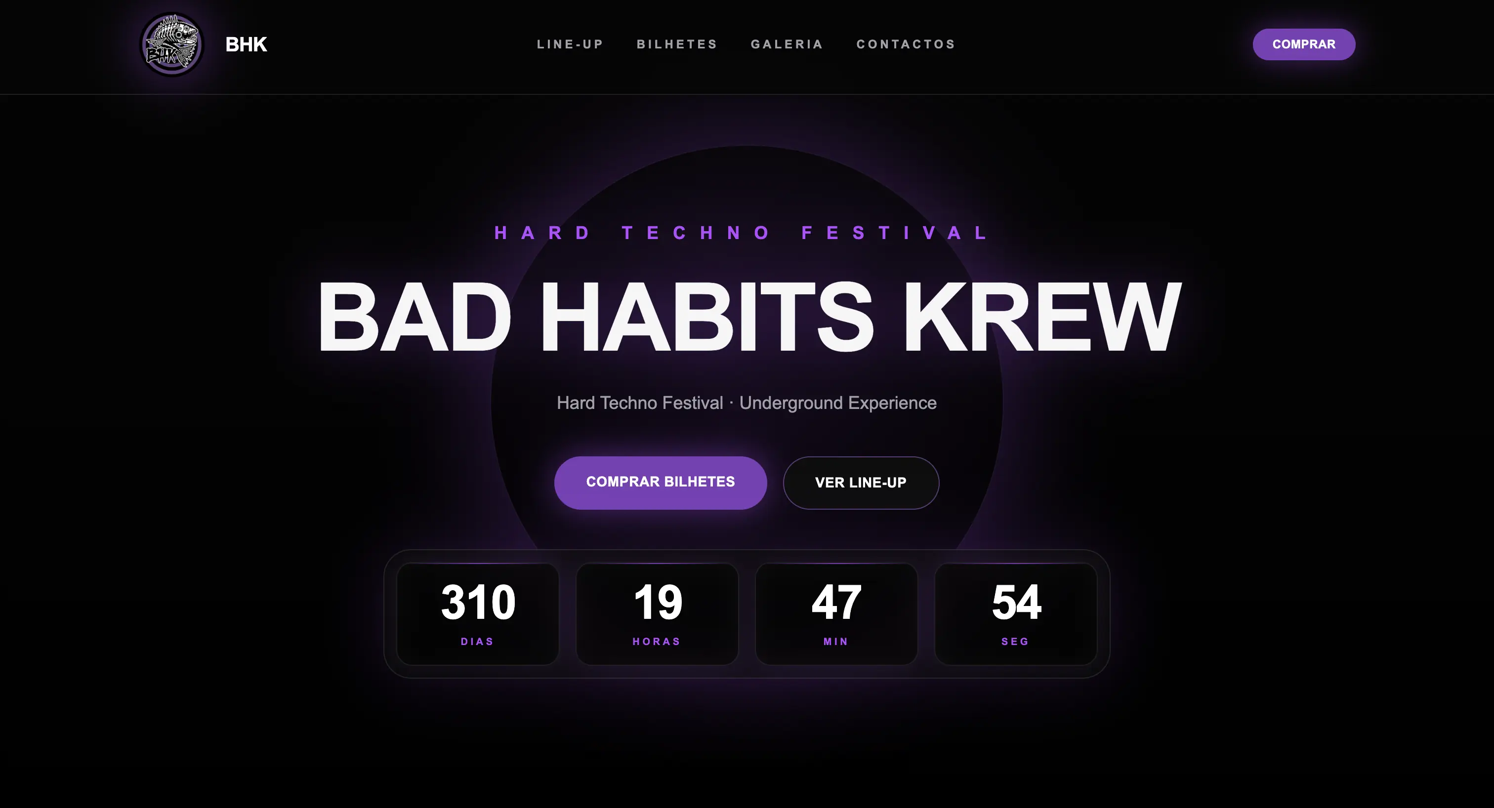 Homepage da plataforma Bad Habits Krew com identidade visual dark e acentos roxos